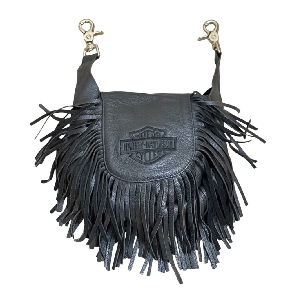 Harley Davidson Black Leather Fringe Belt Bag Pouch Purse Bar & Shield Vintage